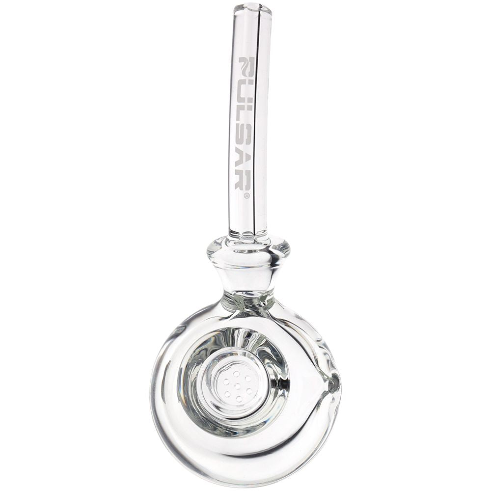 Royal glass hand pipe front with built in screen on a white background
