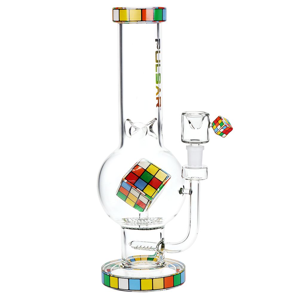 Glass perc bong with Rubik's Cube design on a white background