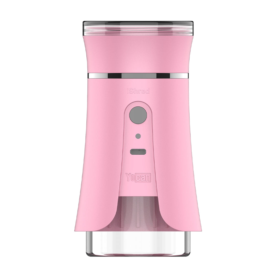 Pink ishred Yocan Electric Grinder with a clear container on a white background