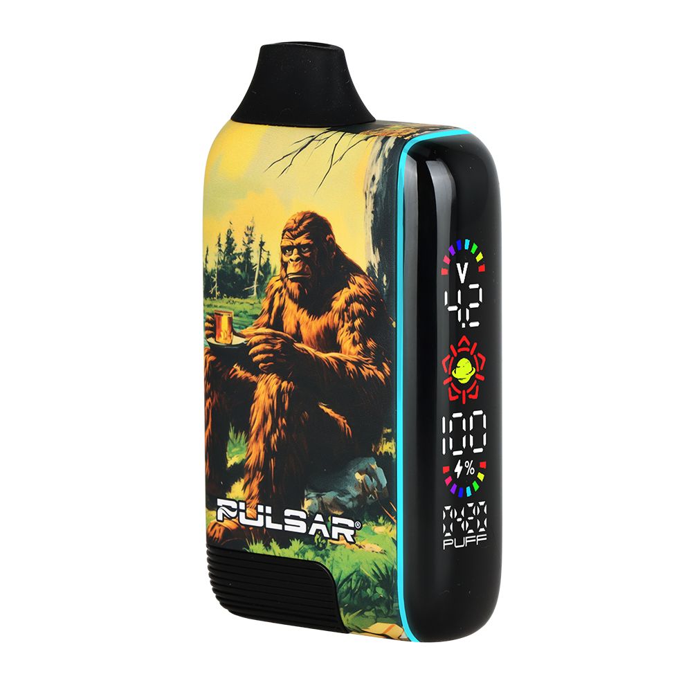 Vape device with a Sasquatch design and Pulsar branding on a white background