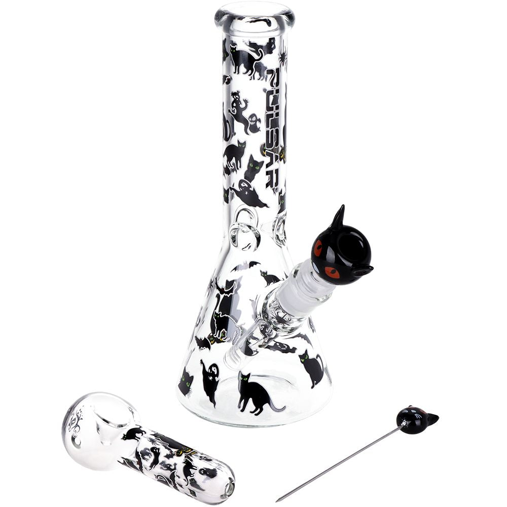 Scary Cat Glass Bong and hand pipe bundle on a white background 
