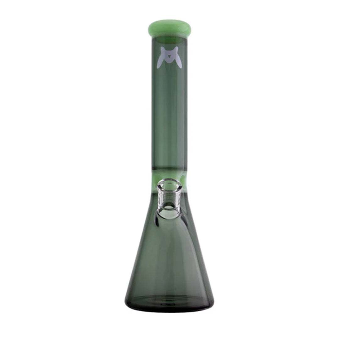 Green glass water pipe with a logo on a white background