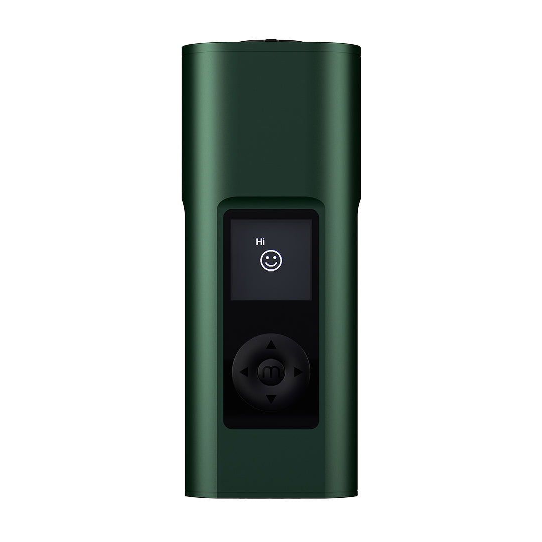 Green Arizer solo newest weed vaporizer electronic device with a screen and control buttons on a white background