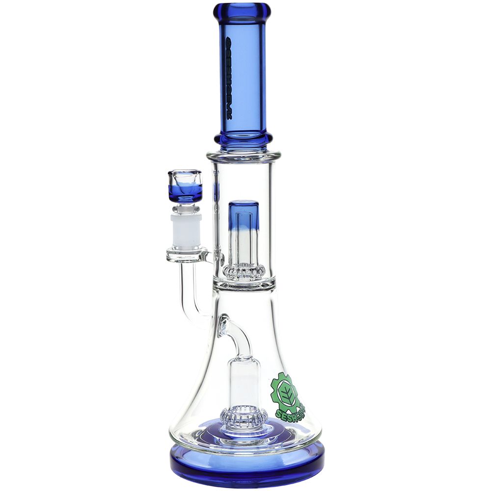 Glass water pipe with blue accents on a white background