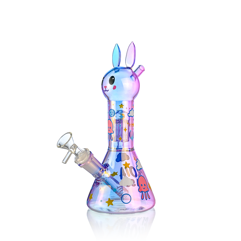 Colorful glass bunny-shaped water pipe on a white background