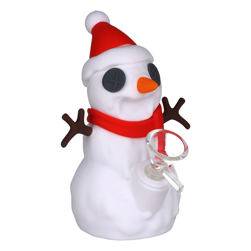 Snowman-shaped Silicone mini Bong with a red hat, scarf, and black buttons on a white background