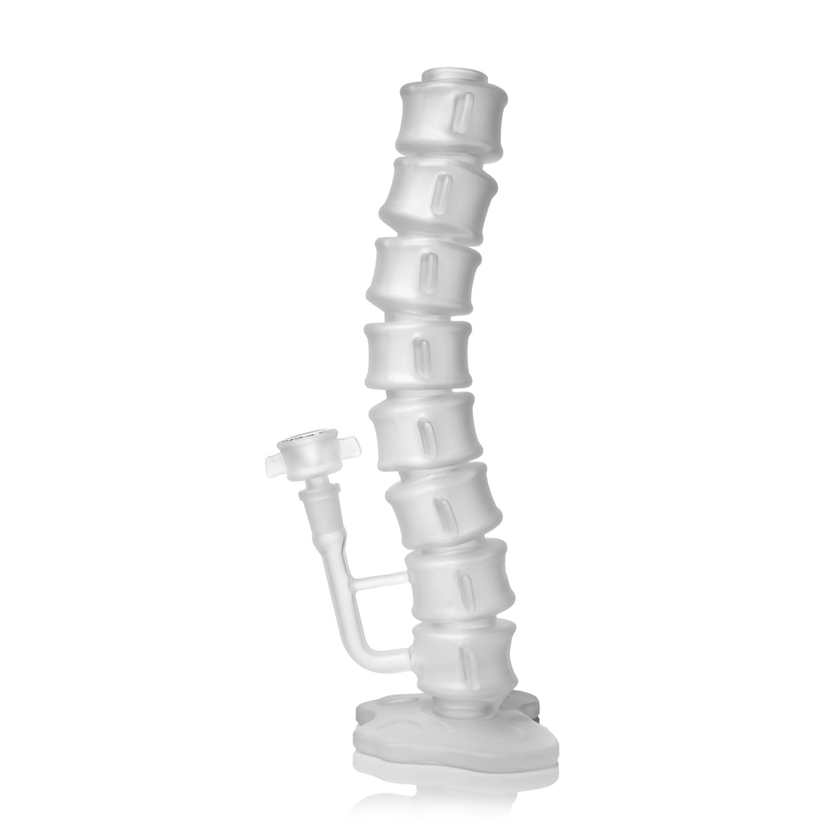 A clear glass water pipe with a segmented, spiral-shaped body and a small side bowl, shown on a plain white background.