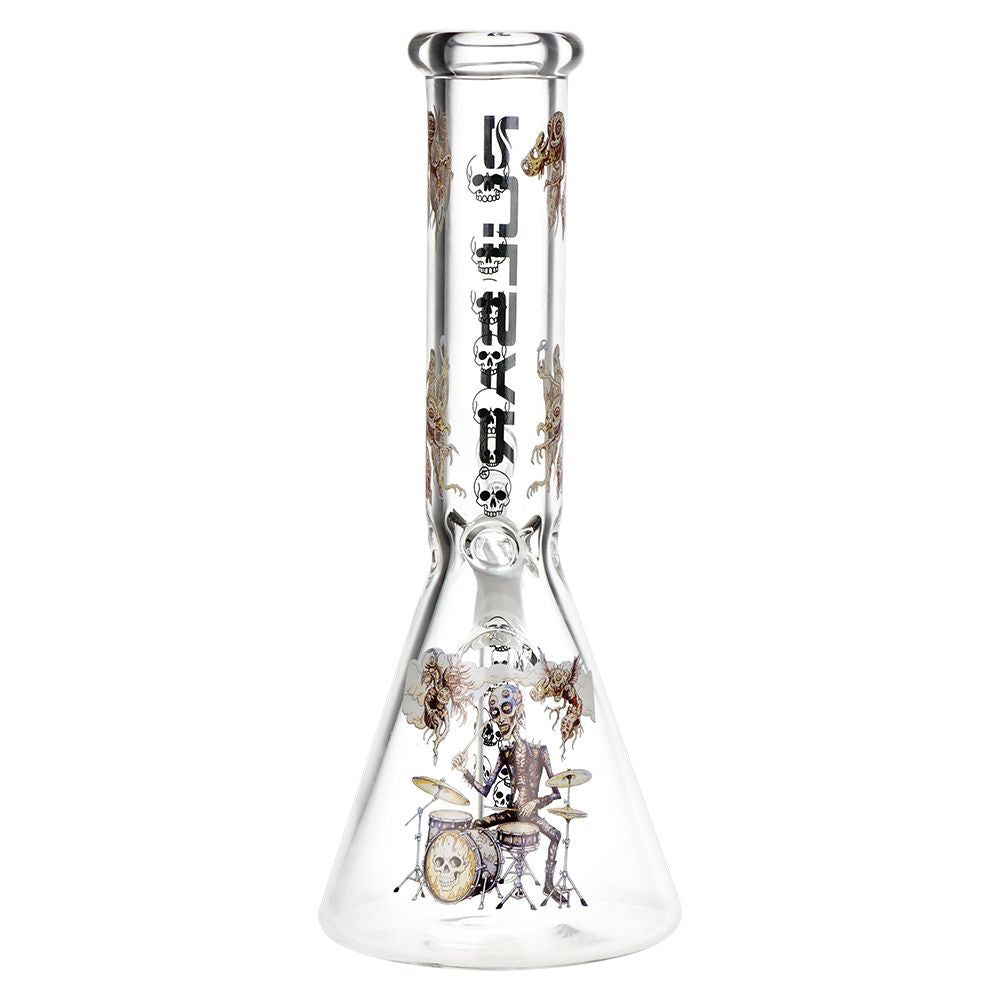 A clear glass water pipe with black gothic illustrations of a skeleton drummer, skulls, and insects, shown on a solid white background.