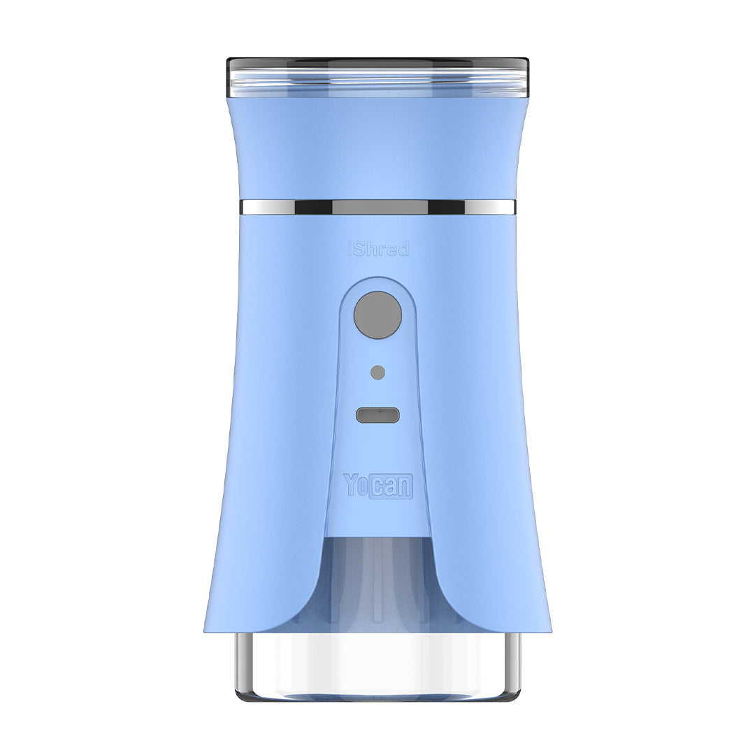 Blue ishred Yocan Electric Grinder with a clear container on a white background
