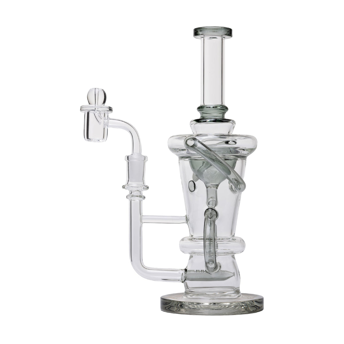 Clear glass Recycler Dab Rig with black accents on a white background