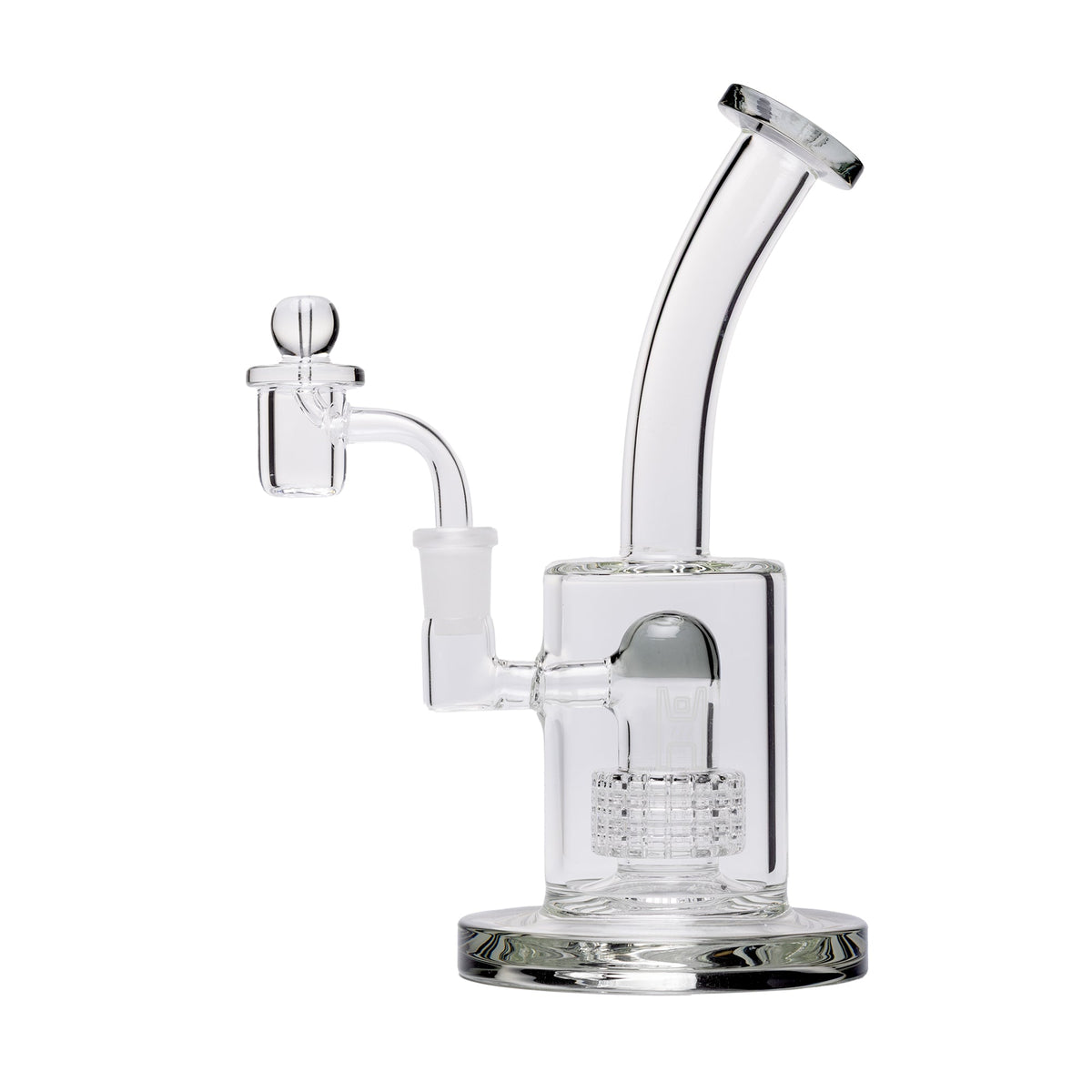Clear with smoke accents glass rig water pipe on a white background