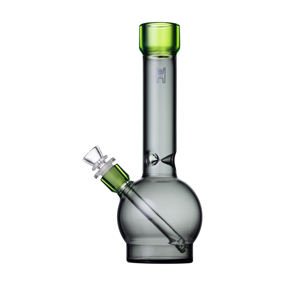 Glass smoking glass bong  with green top and base on a white background