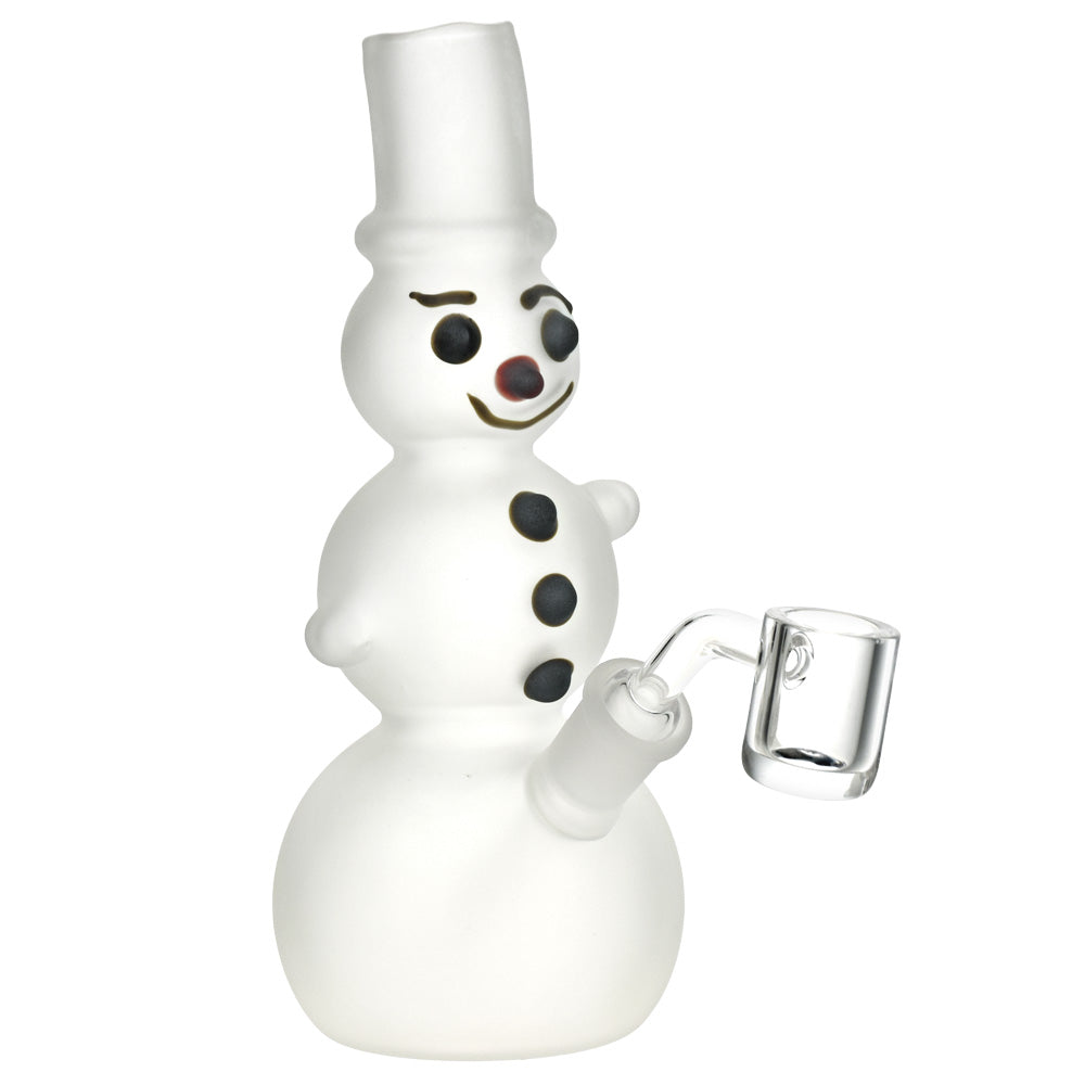 Snowman-shaped glass Dab Rig with a quartz banger on a white background