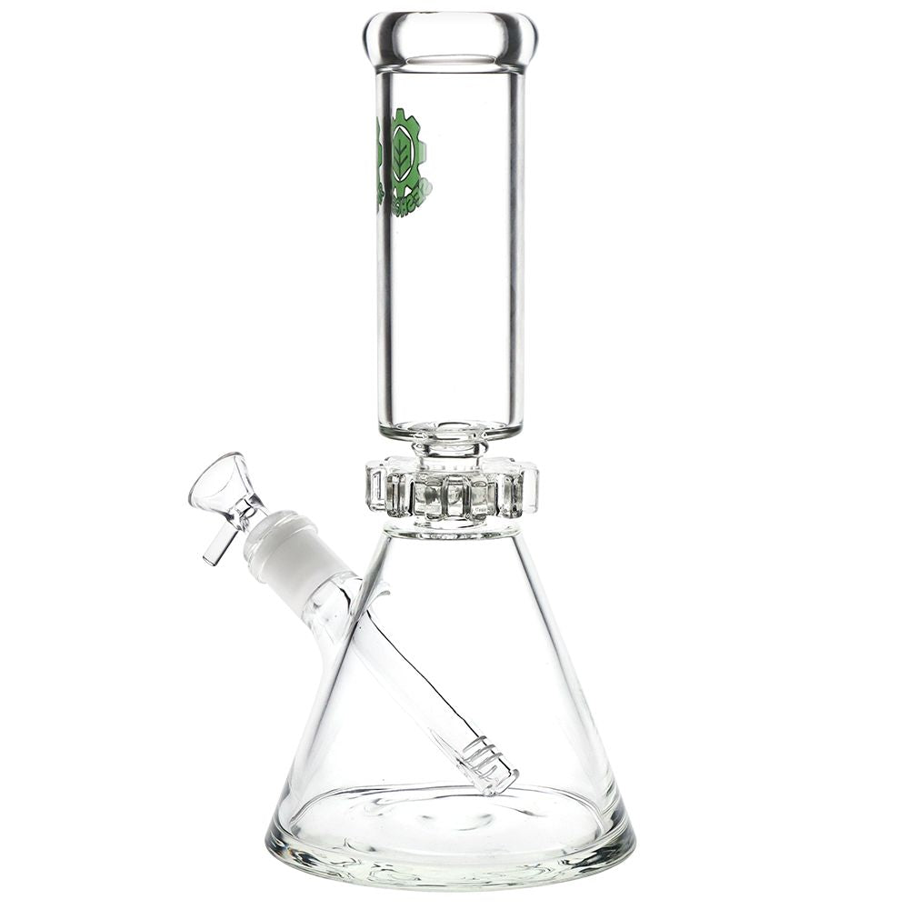 Clear Spinner glass Bong with a white base on a white background