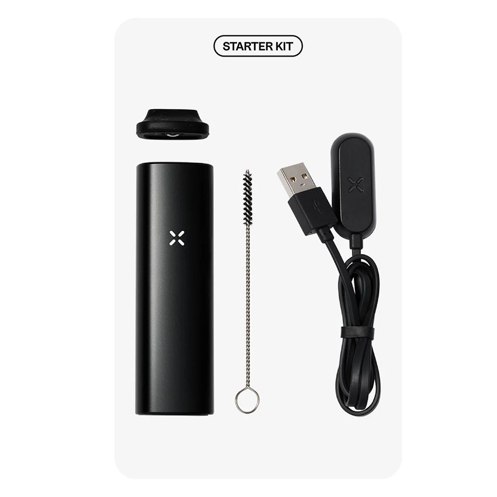 Black vape starter kit with USB cable and cleaning brush on a white background