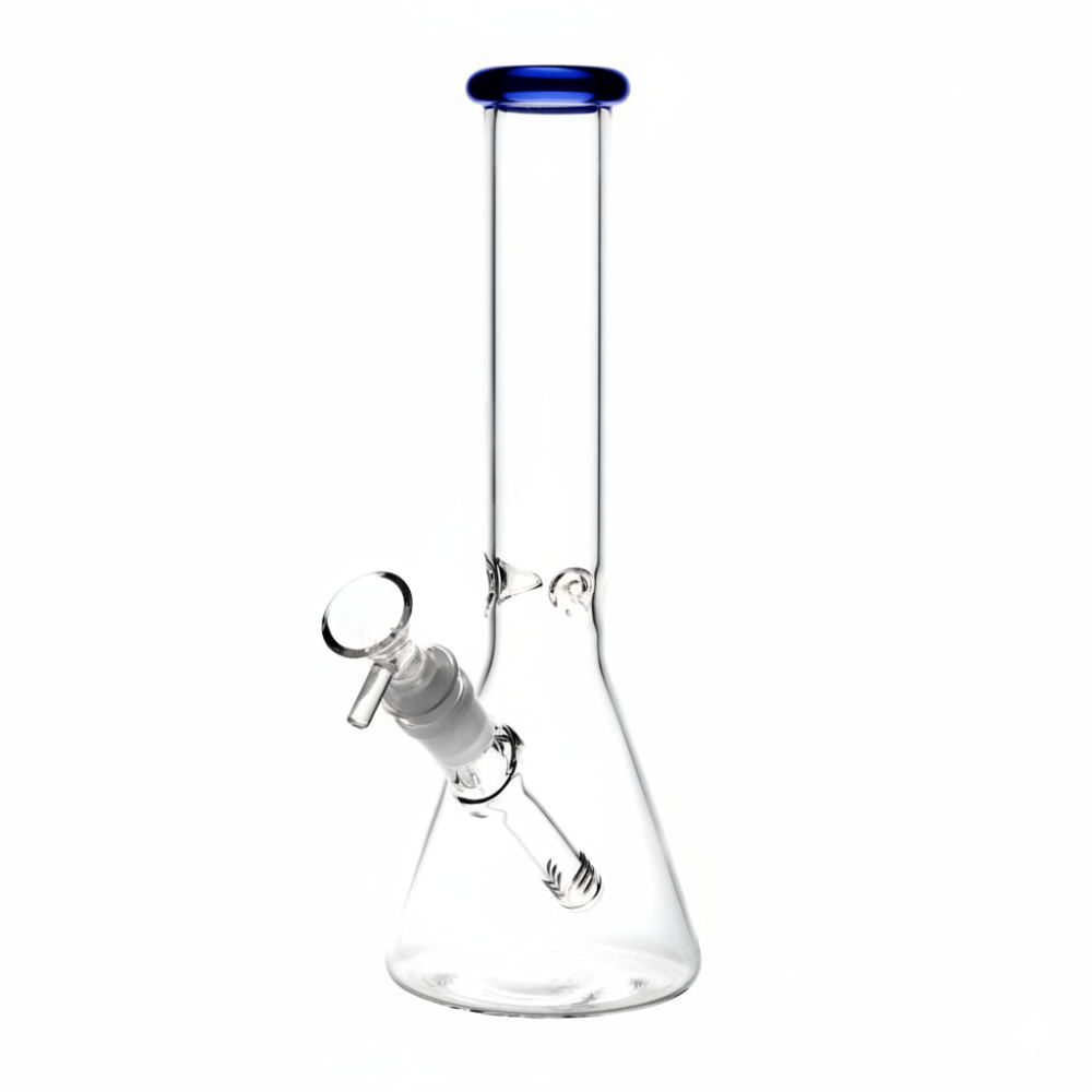 Clear thick glass bong with blue top on a white background