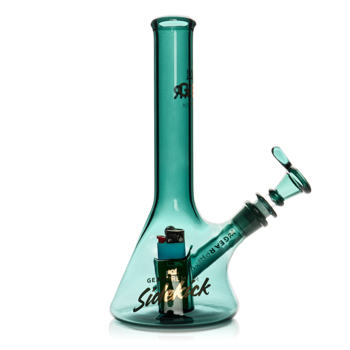 Turquoise glass water pipe with 'Sidekick' branding on a white background
