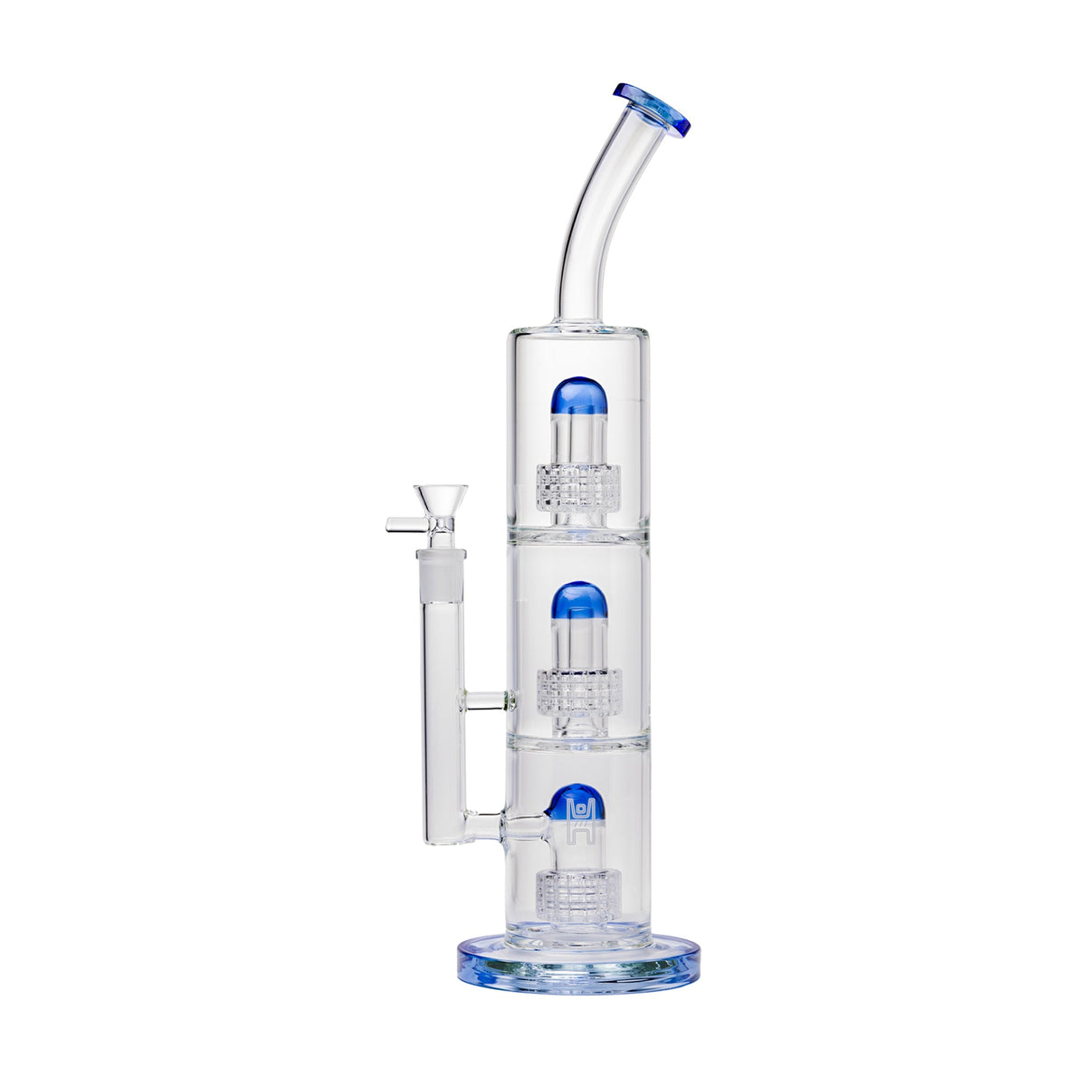 Clear glass Triple Perc water pipe with blue accents on a white background