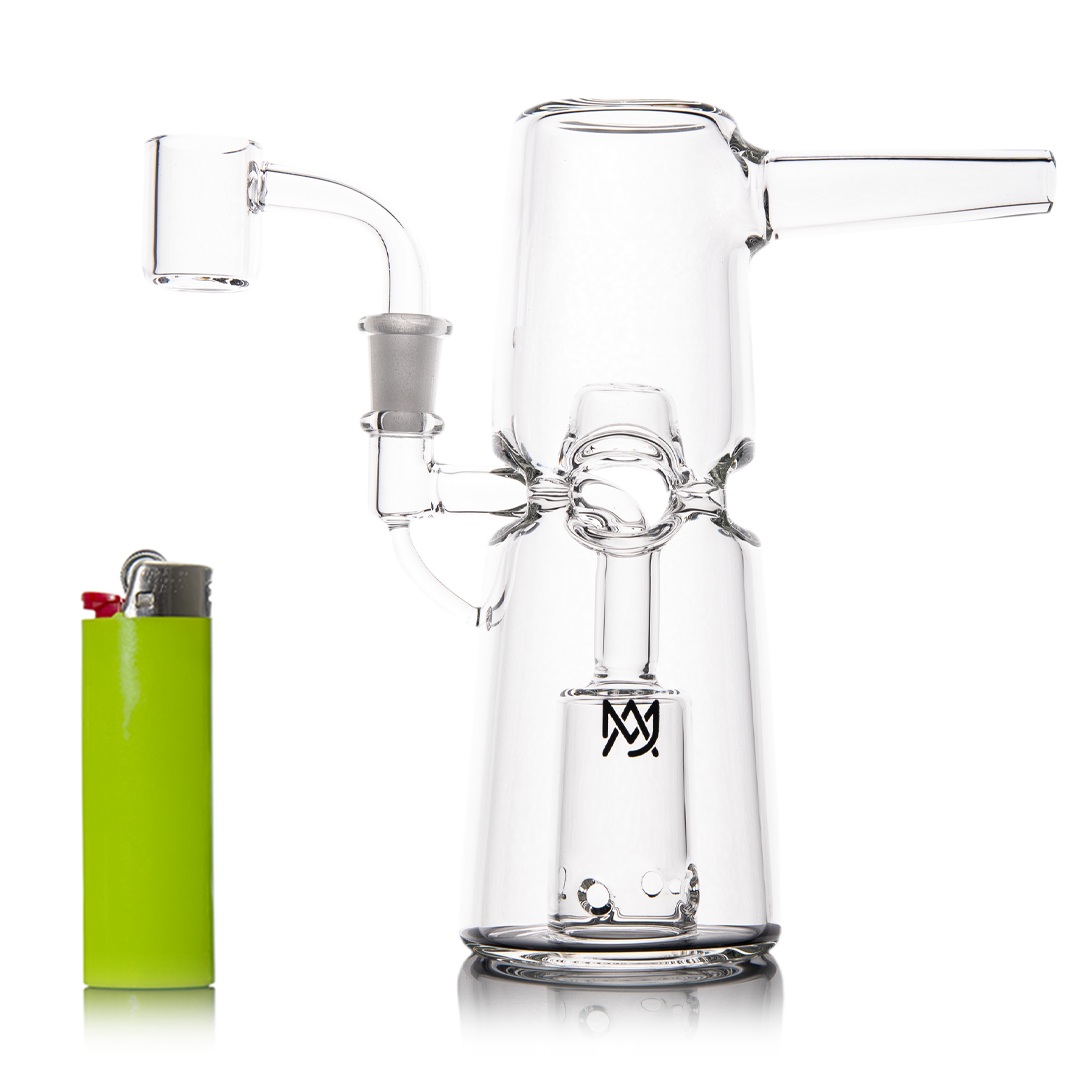 Clear glass Rig  water pipe with a lighter on a white background