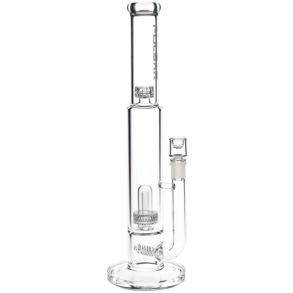 Clear glass water pipe with a tall chamber, side arm, and glass bowl, shown on a plain white background.