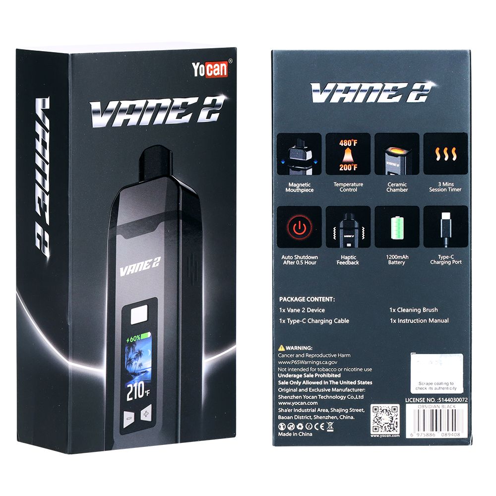 YoCan Vane 2 vape device packaging with front and back views on a white background