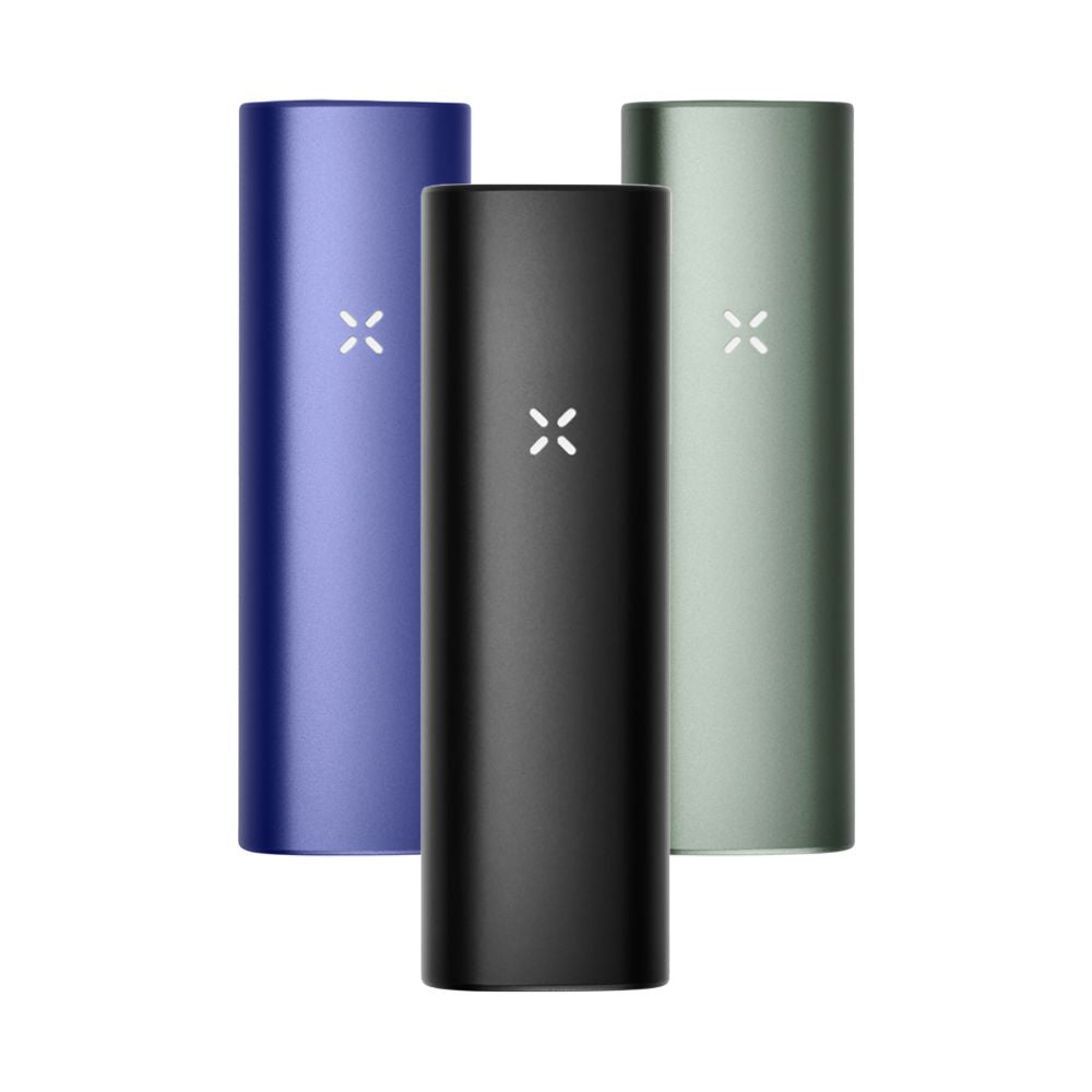 Three pax plus flower weed vaporizers  devices in purple, black, and green on a white background