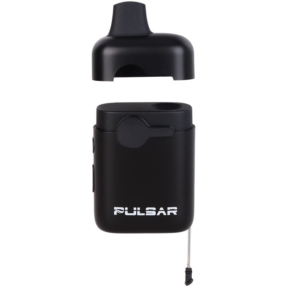 Black Pulsar vaping device with top cap on a white background
