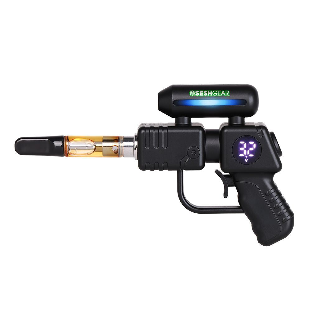 Black vape battery Ray gun device with digital display and SeshGear branding on a white background
