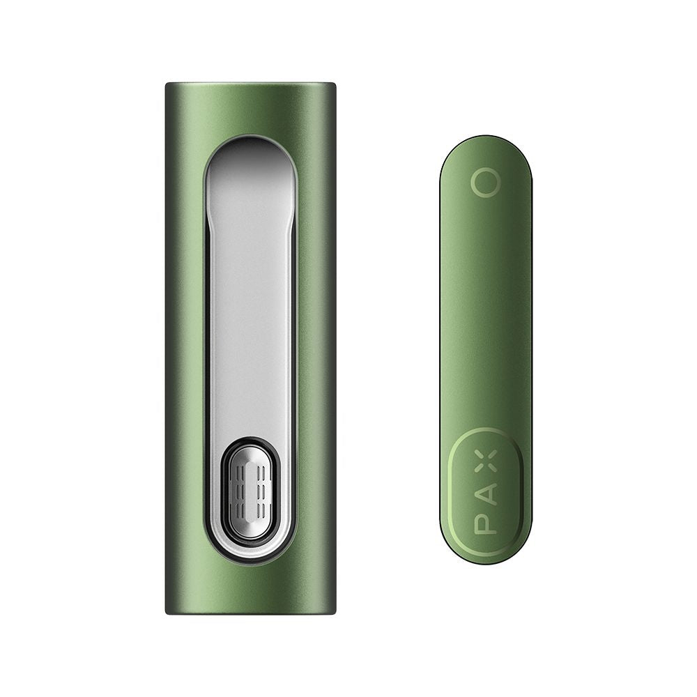 Green PAX Flow vaping device with a smaller green component on a white background