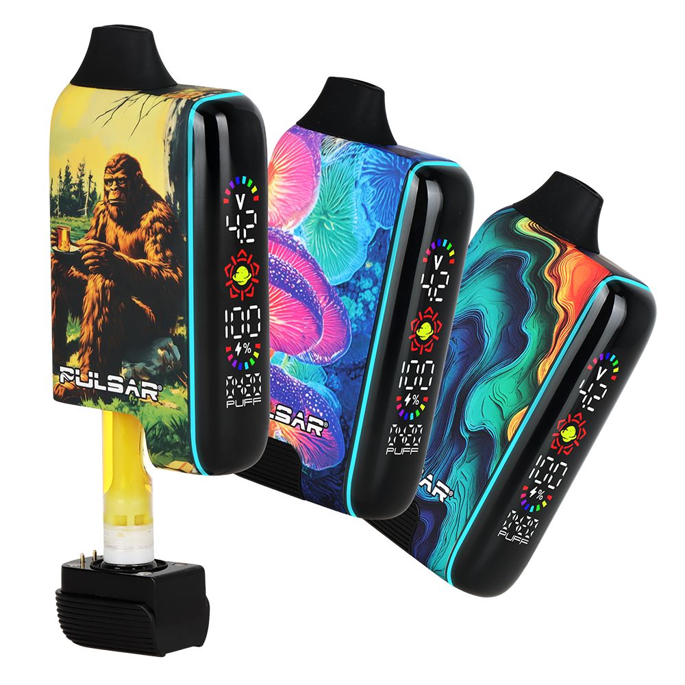 Three colorful Pulsar vape devices with digital displays on a white background