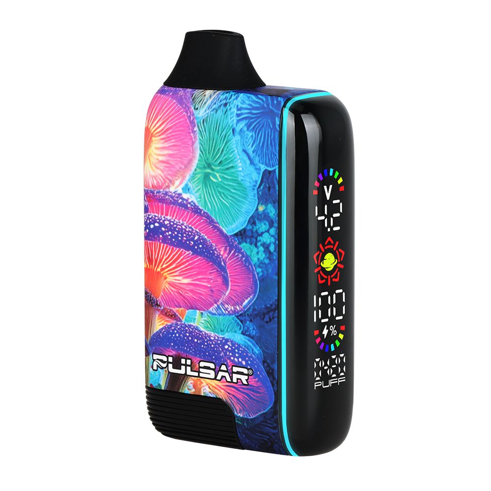 Vape device with colorful mushroom design and Pulsar branding on a white background