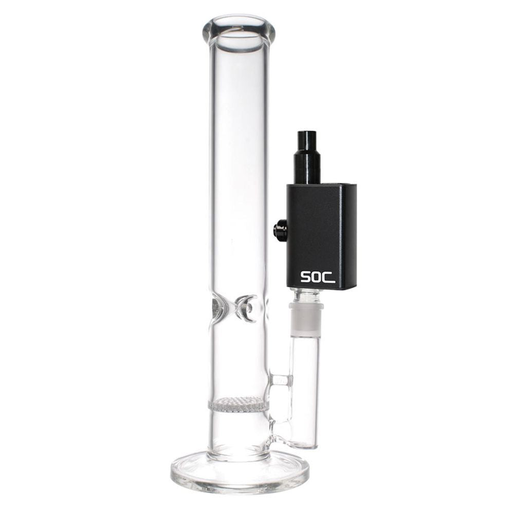Glass Bong device with a black SOC Wax Vaporizer component on a white background