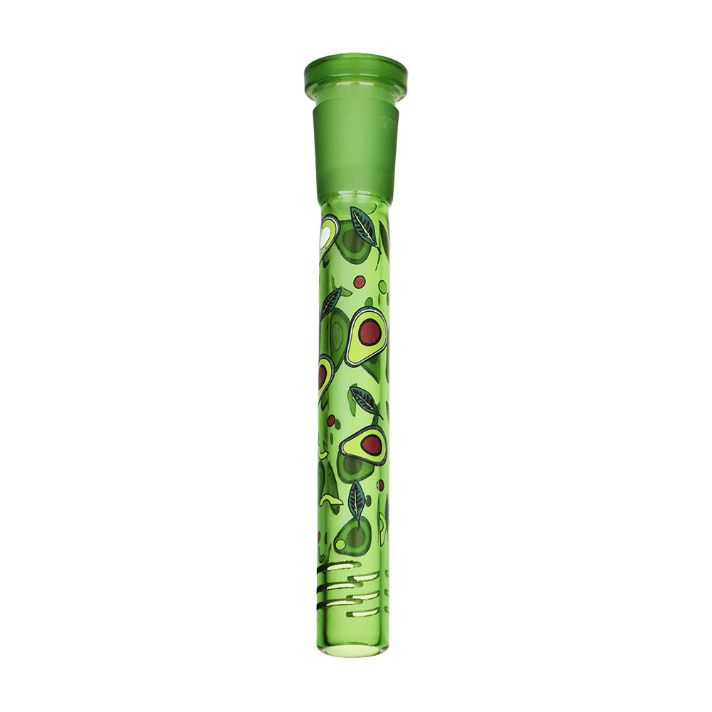 Green glass downstem for bongs with avocado pattern on a white background