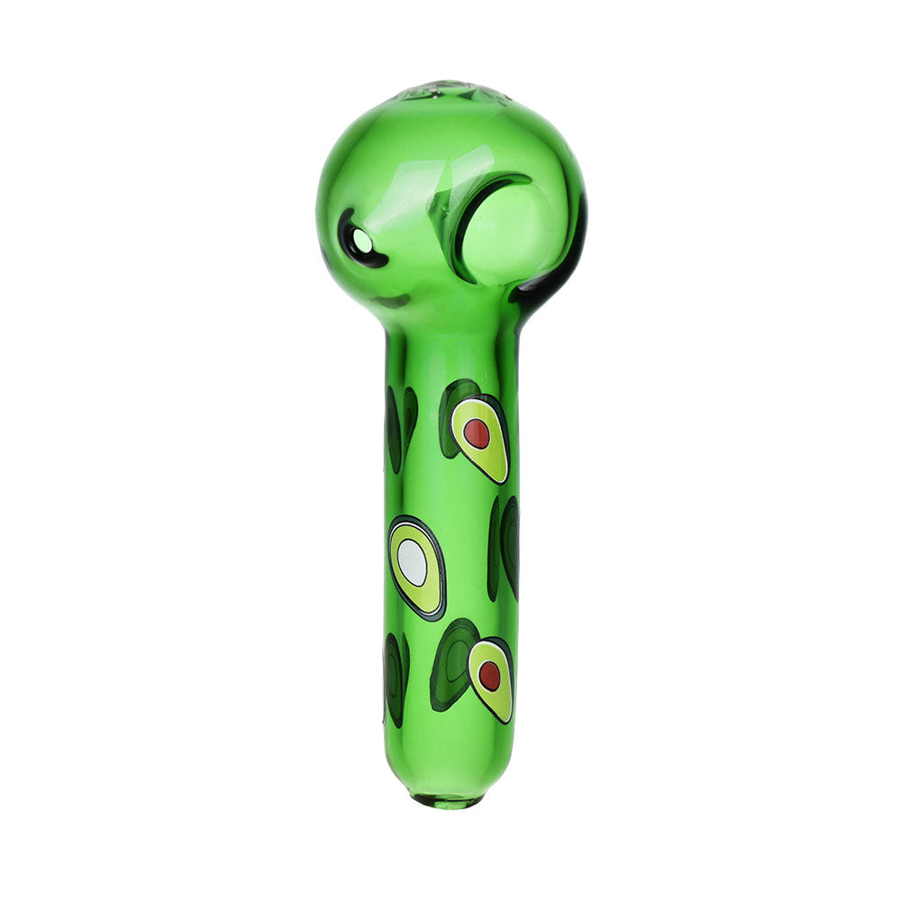 Green glass pipe with avocado design on a white background