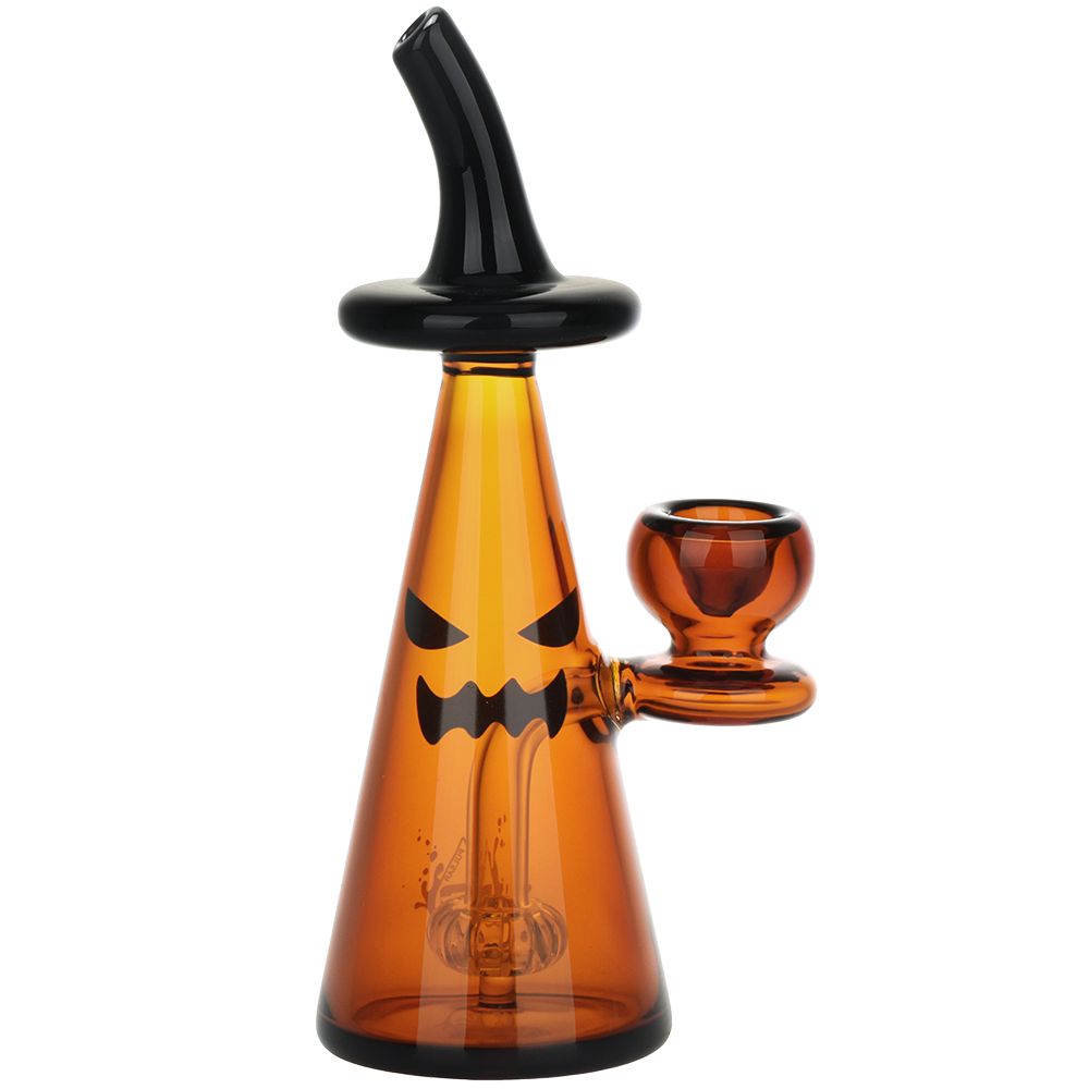 Amber glass Bubbler device with black pumpkin face design on a white background