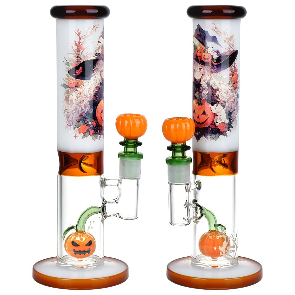 Glass bong with Halloween-themed decorations on a white background