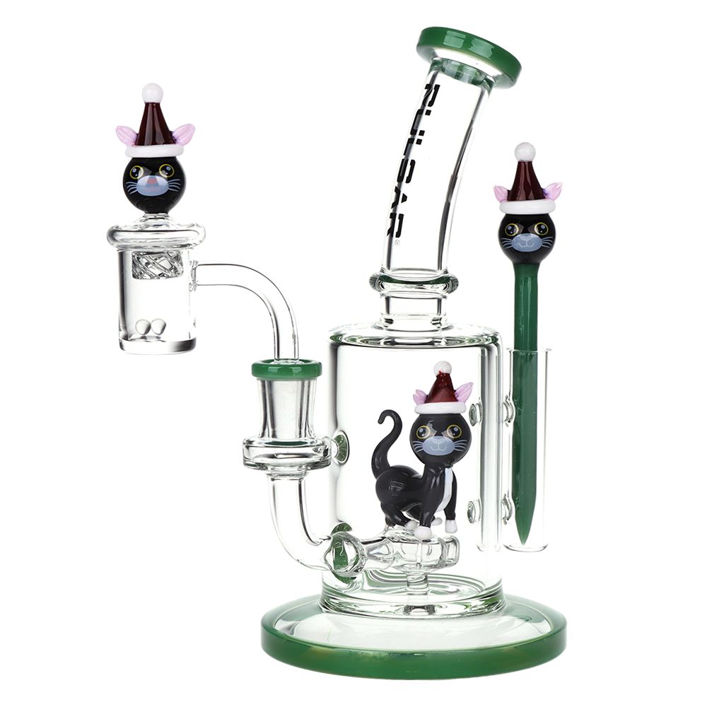 Glass Dab Rig device with cat-themed decorations on a white background