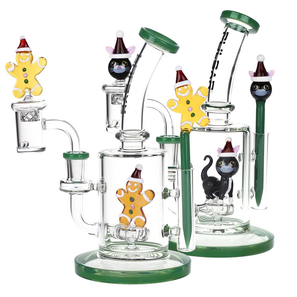 Two Glass Dab Rig Sets with Christmas decorative elements on a white background