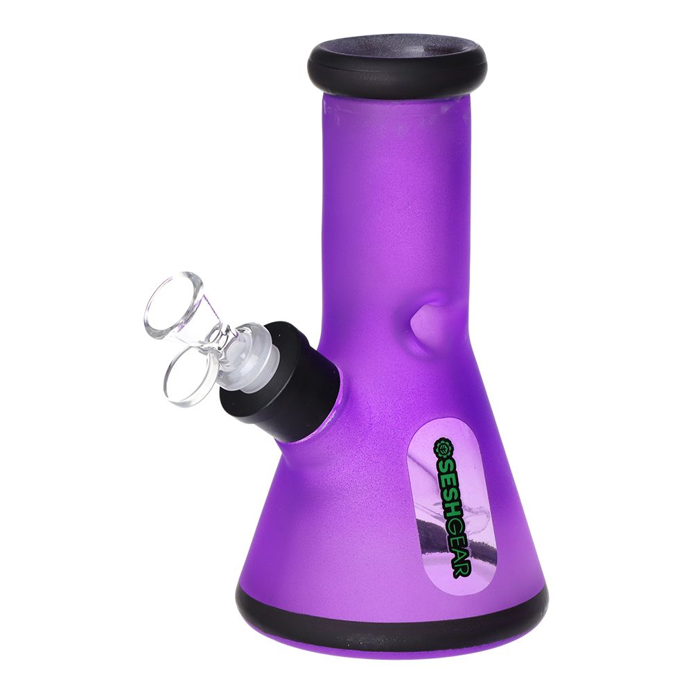 Purple smoking device with black accents on a white background
