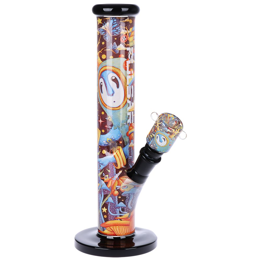 Decorative glass pipe with colorful designs on a white background
