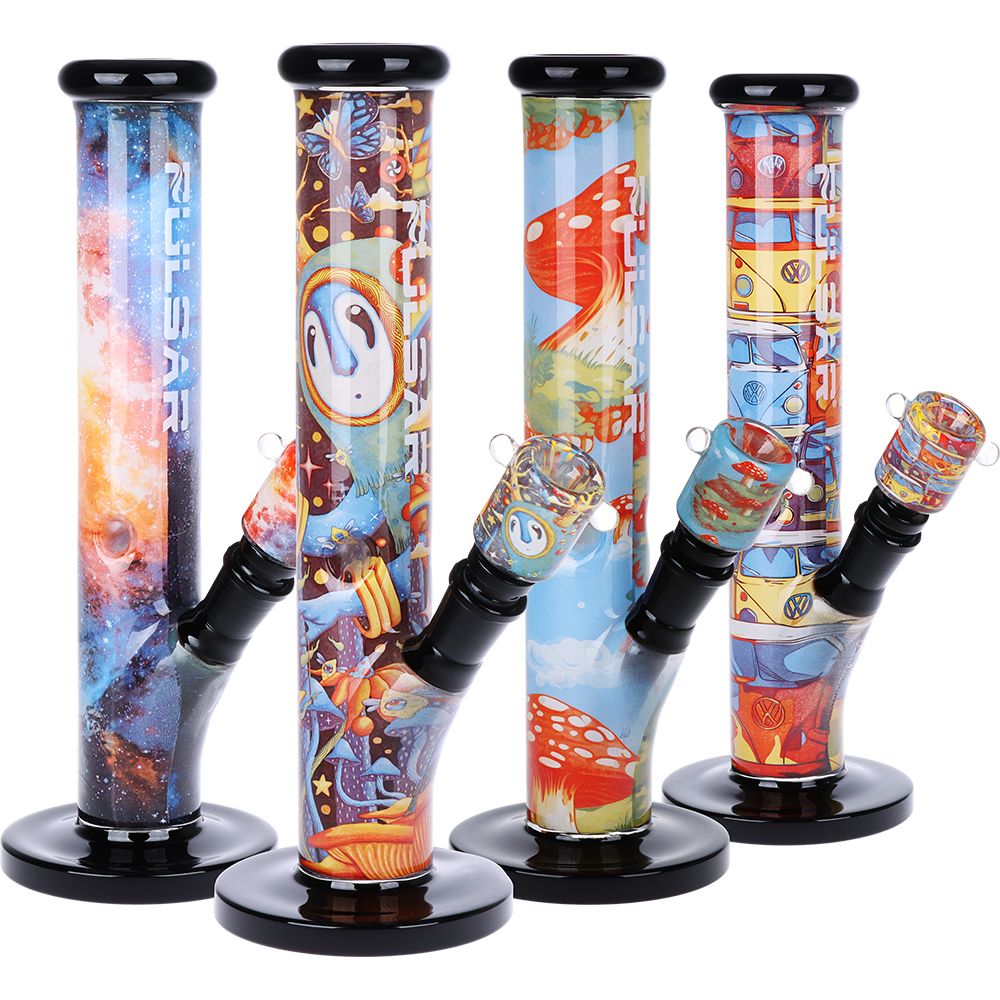 Colorful glass smoking accessories with various patterns on a white background
