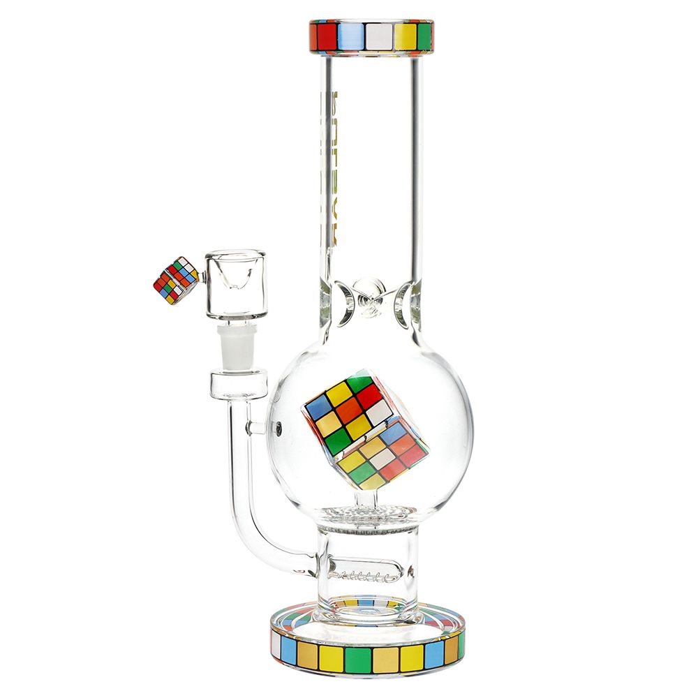 Zoom in Glass bong with Rubik's Cube design on a white background
