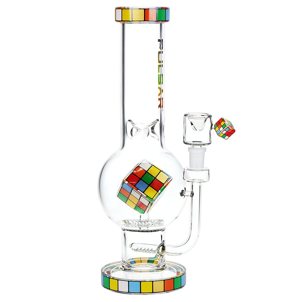Glass smoking device with Rubik's Cube design on a white background