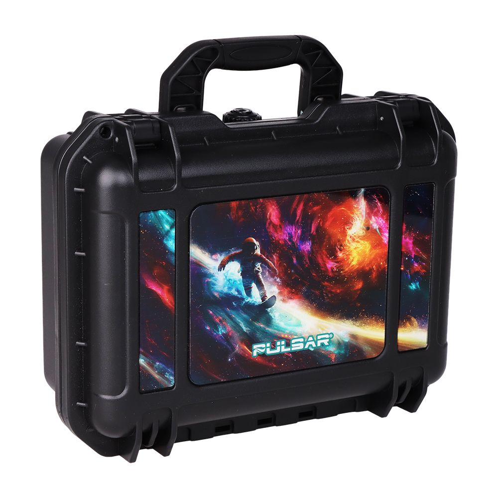 Black hard-shell case with a colorful display featuring 'Pulsar' branding on a white background