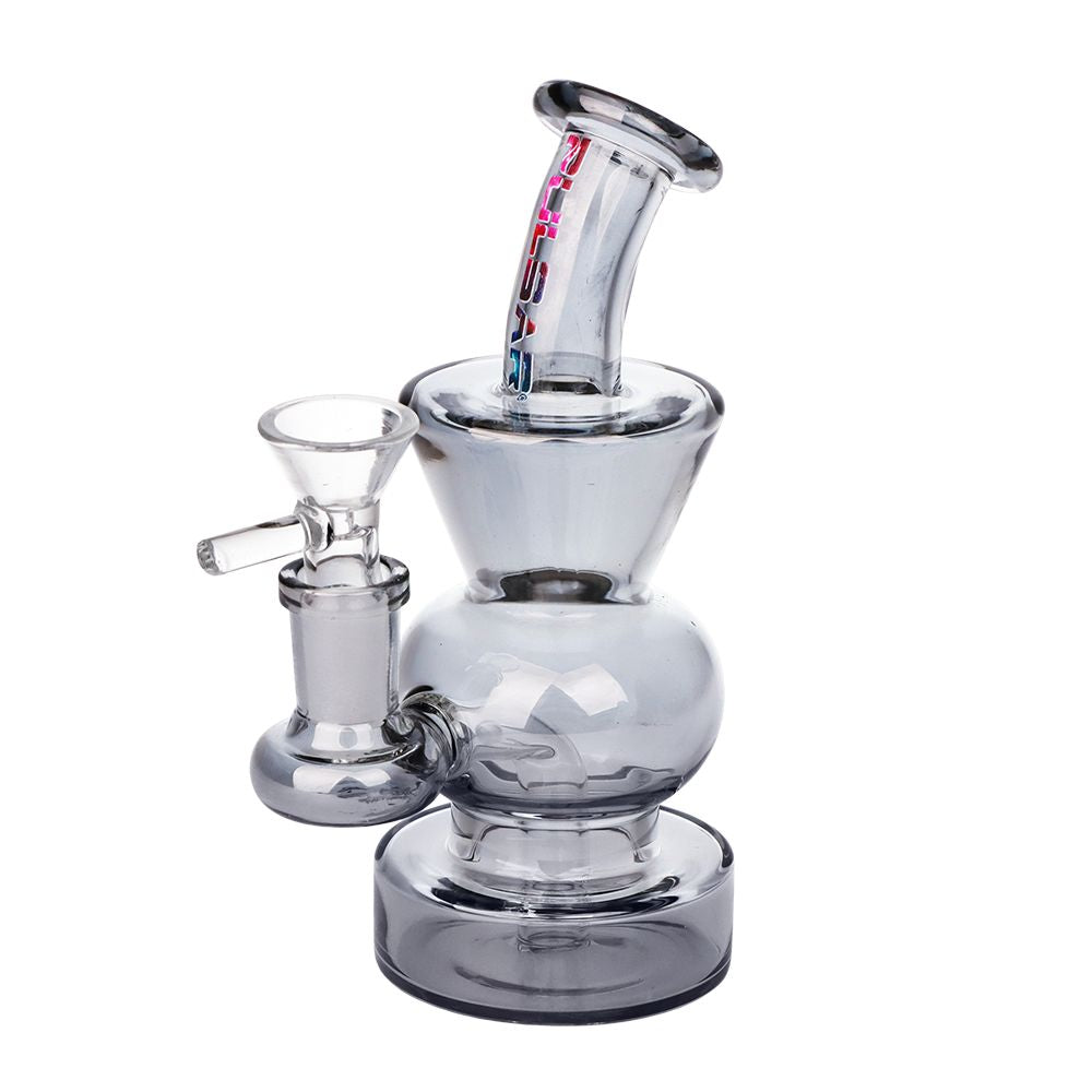 Clear glass smoking bong device with a white background