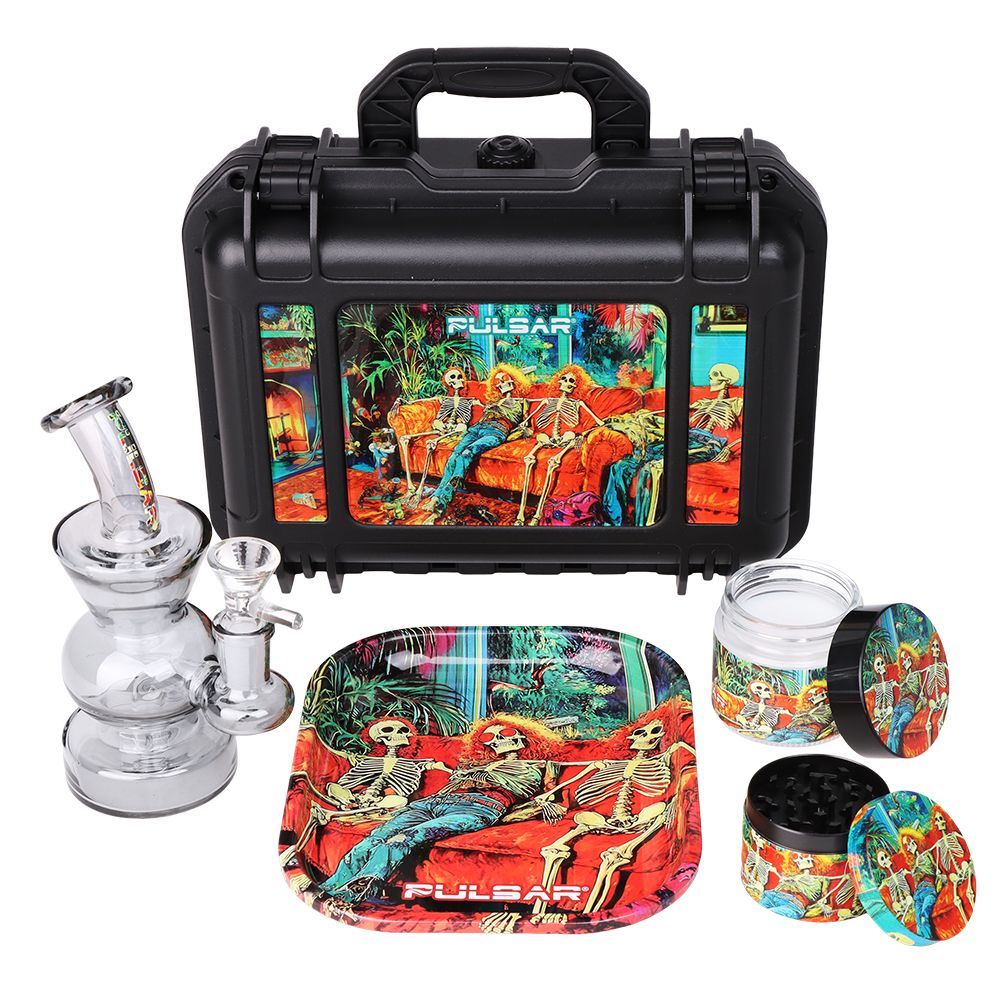 Glass smoking accessory set with colorful designs and a black carrying case on a white background.