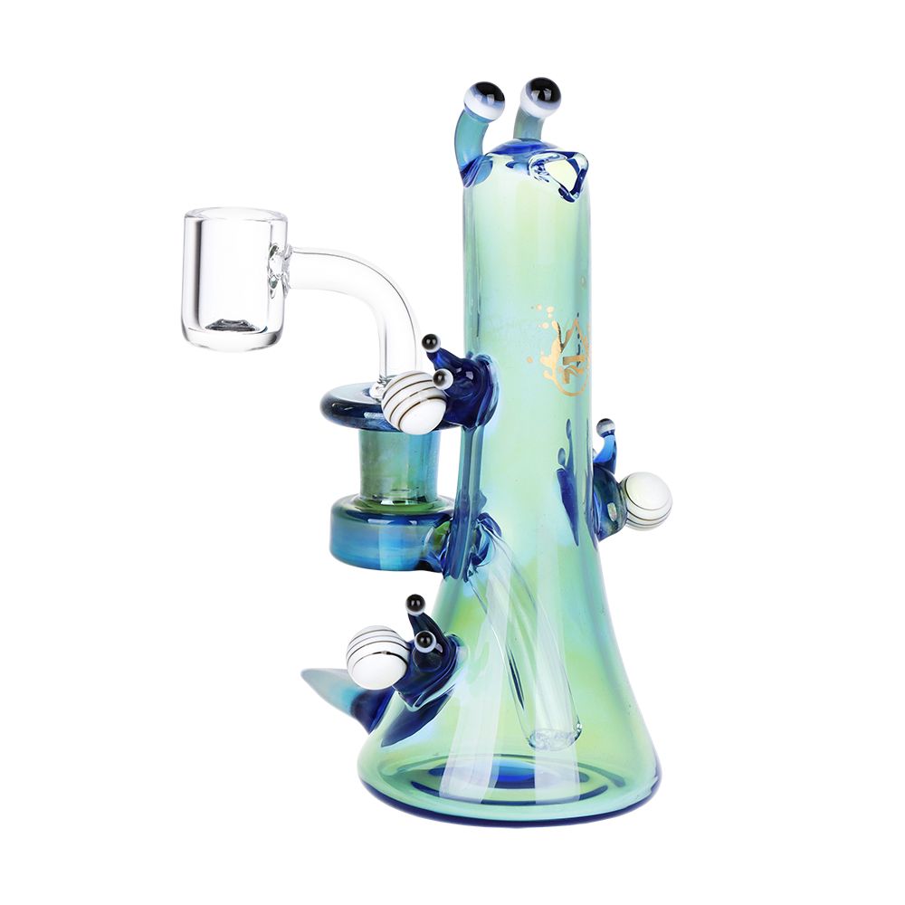 Blue iridescent snail designed glass dab rig
