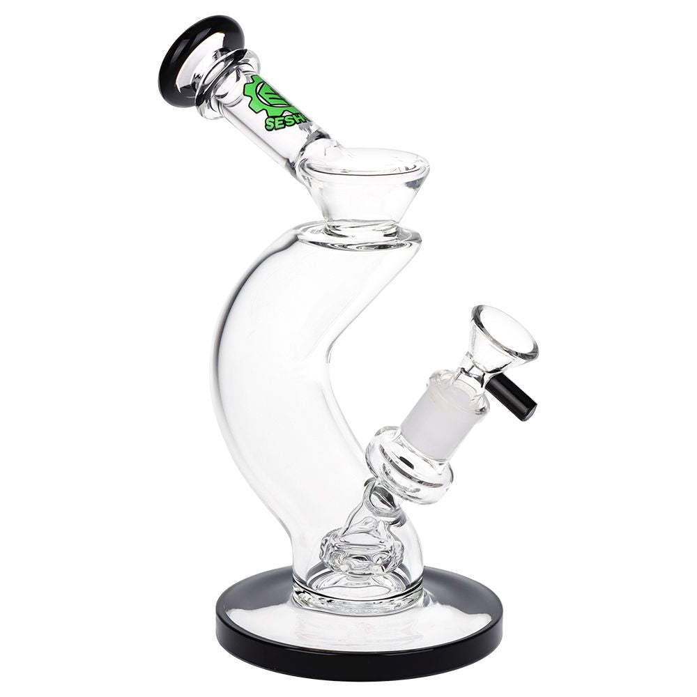 Glass water pipe with black and silver accents on a white background