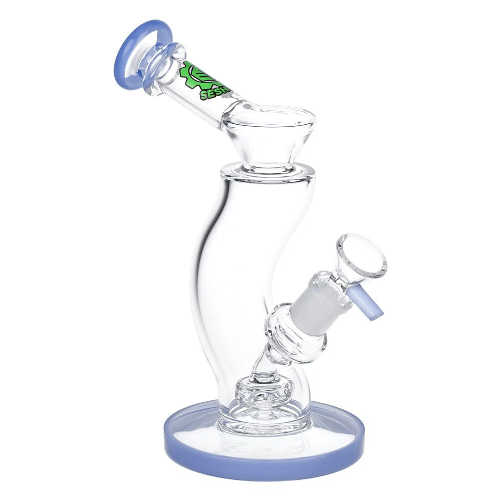 Clear glass water pipe with blue accents on a white background