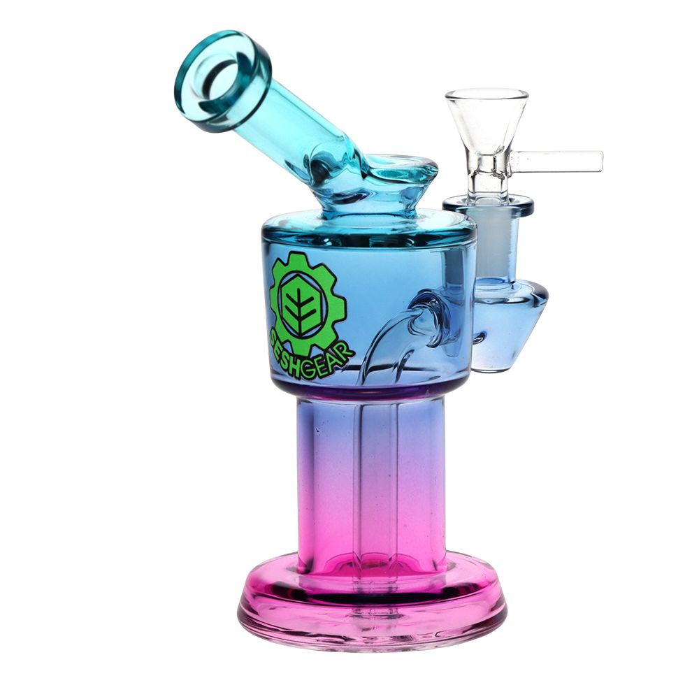 Gradient blue to pink glass bong device with a brand logo on a white background